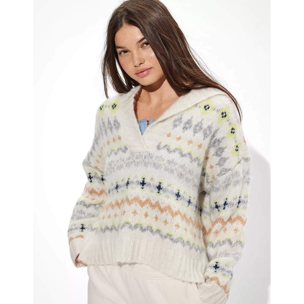 American Eagle Fair Isle Knit Hoodie Sweater Cream Crop Womens Small Nordic Wool